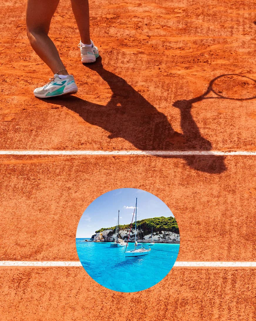 Shadow of a tennis player with a racquet on a clay court