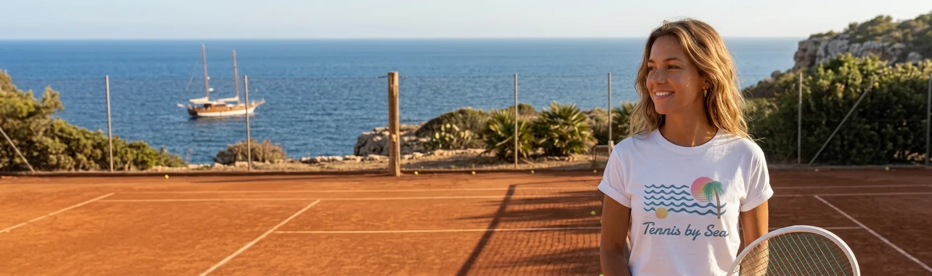 Woman wearing a Tennis by Sea t-shirt by the shore